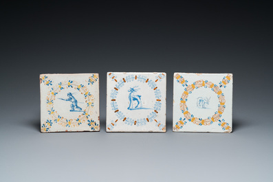 Three polychrome Dutch Delft medallion tiles, Haarlem, 17th C.