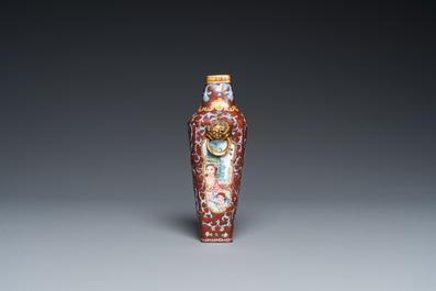 A square Chinese Canton enamel vase with Europeans, Qianlong mark and probably of the period