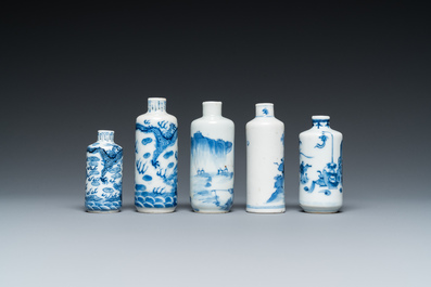 Five Chinese blue and white snuff bottles, 19th C.