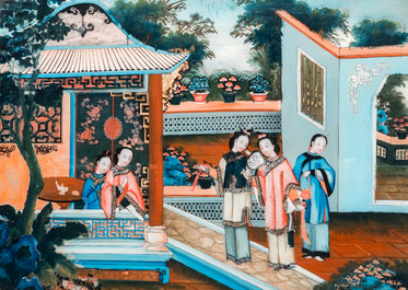 A Chinese reverse glass painting in original frame, Canton, 1st half 19th C.