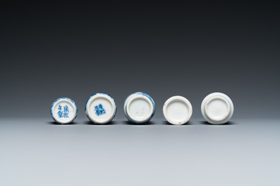 Five Chinese blue and white snuff bottles, 19th C.