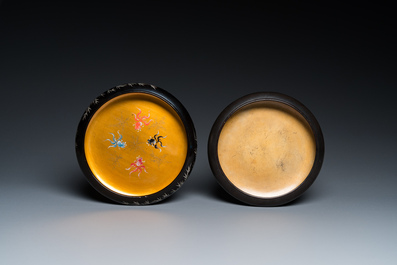 A pair of Chinese Fuzhou or Foochow lacquer brush washers and five bowls, Shen Shao An and Hip Sang, Republic