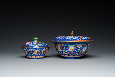 Two Chinese blue-ground Canton enamel bowls and covers, Qianlong/Jiaqing