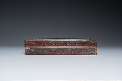 A Chinese partly zitan wood 'Five bats and Shou' box and cover, Qing