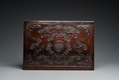 A Chinese partly zitan wood 'Five bats and Shou' box and cover, Qing