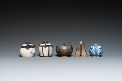 Two Vietnamese blue and white water pipes, a blue and white 'lotus' teapot, a Yixing teapot and a coconut teapot, Kangxi and later