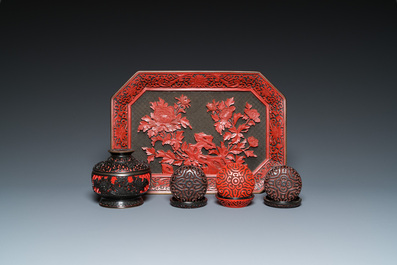 Five pieces of Chinese red cinnabar lacquer, 20th C.