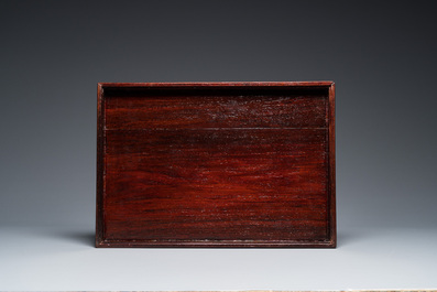 A Chinese partly zitan wood 'Five bats and Shou' box and cover, Qing