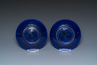 A pair of Chinese blue Beijing glass plates, 18/19th C.