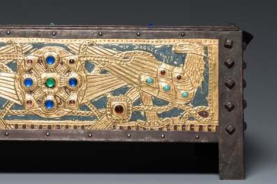 Alfred Daguet (Paris, 1875-1942): A Gothic revival repouss&eacute; brass and copper-mounted metal box with glass cabochons, ca. 1900