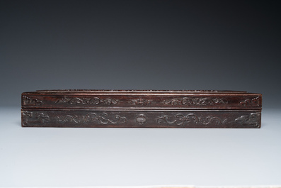 A Chinese partly zitan wood 'Five bats and Shou' box and cover, Qing