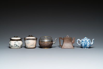 Two Vietnamese blue and white water pipes, a blue and white 'lotus' teapot, a Yixing teapot and a coconut teapot, Kangxi and later