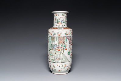 A Chinese famille verte 'playing boys' rouleau vase, 19th C.