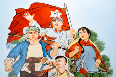 Drie grote Chinese plaquettes met Culturele Revolutie decor, elk gesigneerd Wu Kang 吳康 en gedateerd 1973