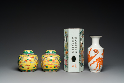 A pair of Chinese 'dragon' jars and covers, a 'goldfish' vase and a qianjiang cai hat stand, 19/20th C.