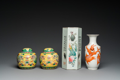 A pair of Chinese 'dragon' jars and covers, a 'goldfish' vase and a qianjiang cai hat stand, 19/20th C.