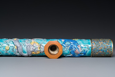 A rare Chinese porcelain Wang Bing Rong-style 'nine dragons' opium pipe in fine wooden box, late 19th C.