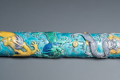 A rare Chinese porcelain Wang Bing Rong-style 'nine dragons' opium pipe in fine wooden box, late 19th C.