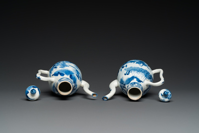 A pair of Chinese blue and white 'landscape' ewers and covers, possibly for the Vietnamese market, 19th C.