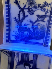 A Chinese blue and white square 'gu' vase with erotical scene on the base, Kangxi