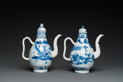 A pair of Chinese blue and white 'landscape' ewers and covers, possibly for the Vietnamese market, 19th C.