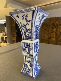 A Chinese blue and white square 'gu' vase with erotical scene on the base, Kangxi