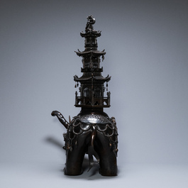 A monumental Japanese bronze 'koro' or censer in the shape of an elephant carrying a watchtower, Edo/Meiji, 19th C.