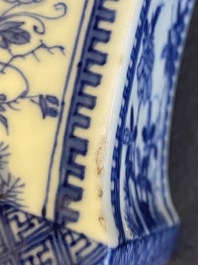 A Chinese blue and white square 'gu' vase with erotical scene on the base, Kangxi