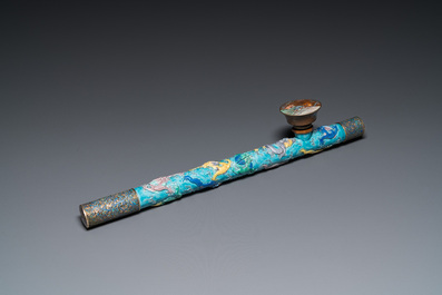 A rare Chinese porcelain Wang Bing Rong-style 'nine dragons' opium pipe in fine wooden box, late 19th C.