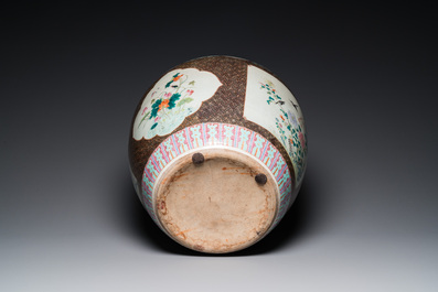 A large Chinese famille rose fish bowl on wooden stand, 19th C.