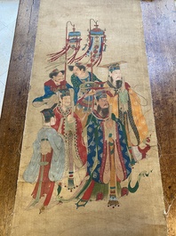 Chinese school: 'A procession of deities', ink and colour on silk, Qing