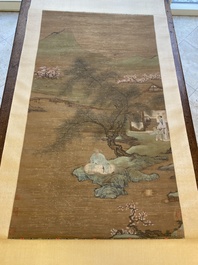 Chinese school: 'Landscape with fisherman', ink and colour on silk, Qing