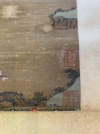 Chinese school: 'Landscape with fisherman', ink and colour on silk, Qing