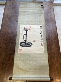 Navolger van Qi Baishi 齊白石 (1864-1957): 'Een olielamp met twee motten', inkt en kleur op papier