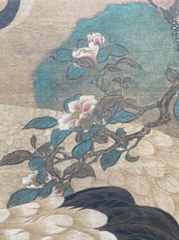 Chinese school: 'Cranes under a pine', ink and colour on silk, Ming