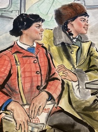 Chen Xiubai (20&egrave;me): Deux &eacute;tudiantes en route pour la campagne, aquarelle sur papier, dat&eacute;e 1974