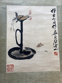 Navolger van Qi Baishi 齊白石 (1864-1957): 'Een olielamp met twee motten', inkt en kleur op papier