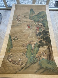 Chinese school, after Zhou Chen (1460-1535): River scene with immortals, ink and colour on silk, 18th C.