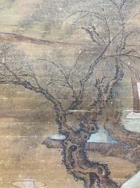 Chinese school: 'Landscape with fisherman', ink and colour on silk, Qing