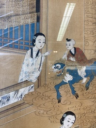 Chinese school: Two garden scenes with ladies and boys, ink and colour on silk, Qing