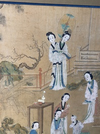 Chinese school: Two garden scenes with ladies and boys, ink and colour on silk, Qing