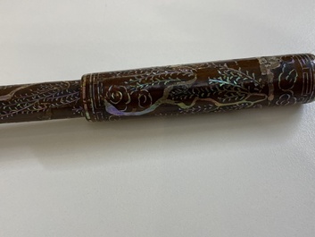 A Chinese mother-of-pearl-inlaid brown lacquer brush, Ming