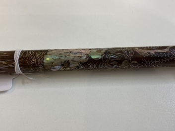 A Chinese mother-of-pearl-inlaid brown lacquer brush, Ming