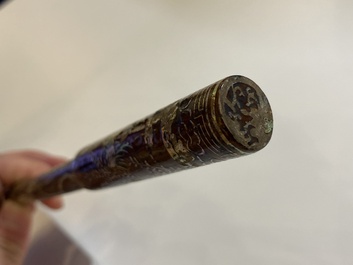 A Chinese mother-of-pearl-inlaid brown lacquer brush, Ming