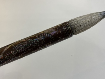 A Chinese mother-of-pearl-inlaid brown lacquer brush, Ming