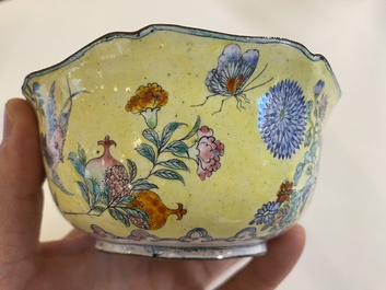 A Chinese yellow-ground Canton enamel bowl, Yongzheng/Qianlong