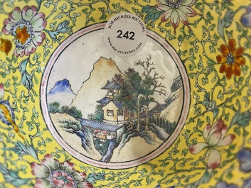 A Chinese yellow-ground Canton enamel bowl, Yongzheng/Qianlong