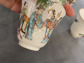 Sept tasses et huit soucoupes en porcelaine de Chine famille rose, marque et &eacute;poque de Tongzhi