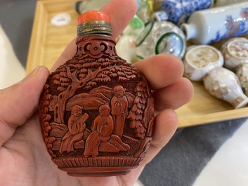 15 Chinese snuff bottles, mostly porcelain, hardstone and glass, 19/20th C.