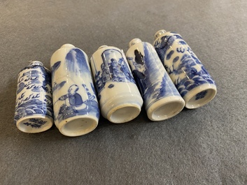 Five Chinese blue and white snuff bottles, 19th C.